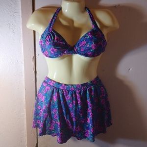Maxine of Hollywood two piece skirtini set with vibrant 1980s colors and print.